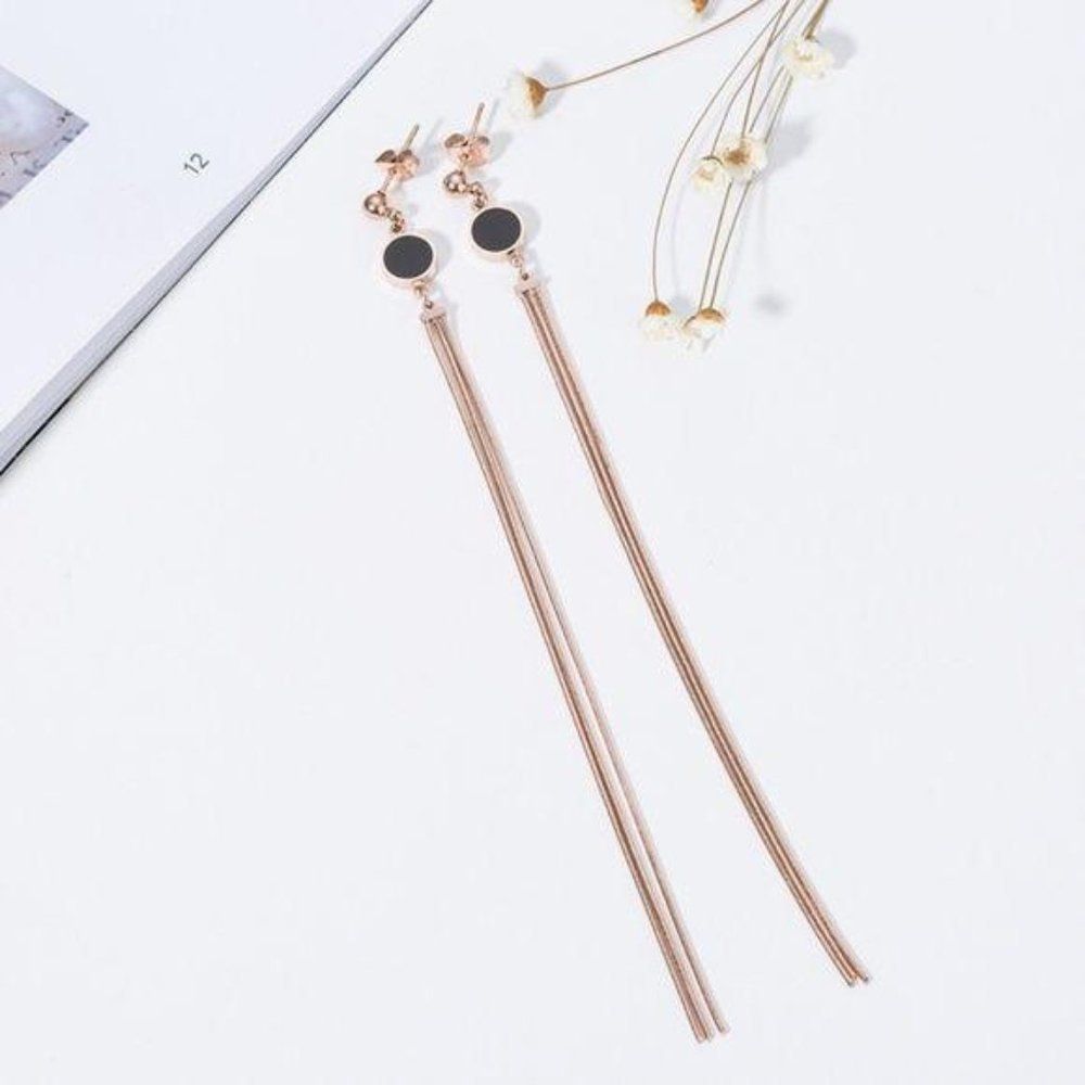 Rose Gold Plated Stainless Steel Black Stud Extra Long Tassels Earring